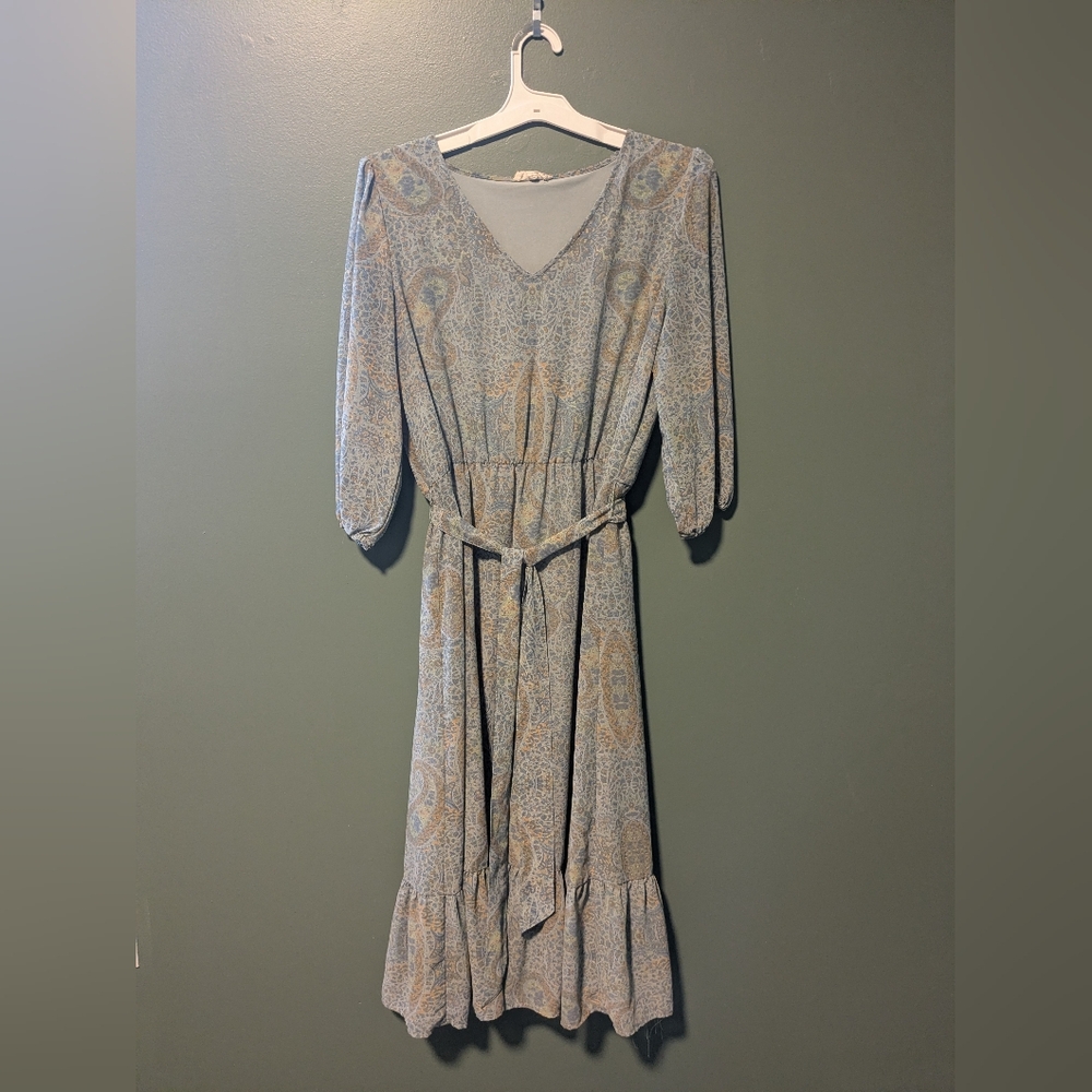 Jane and Delancey Light Blue Paisley V-Neck Belted Midi Dress